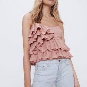 Zara Pink Strapless Blouse With Pleated Ruffled Size Small